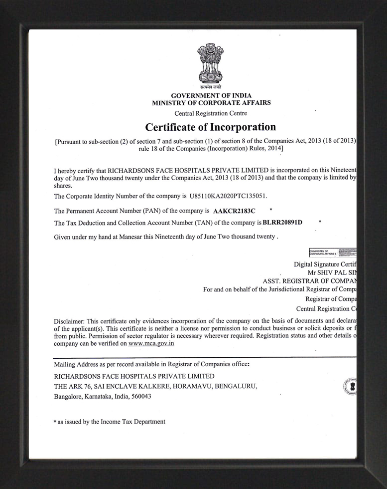 Certificate of Incorporation - Face Sugeon